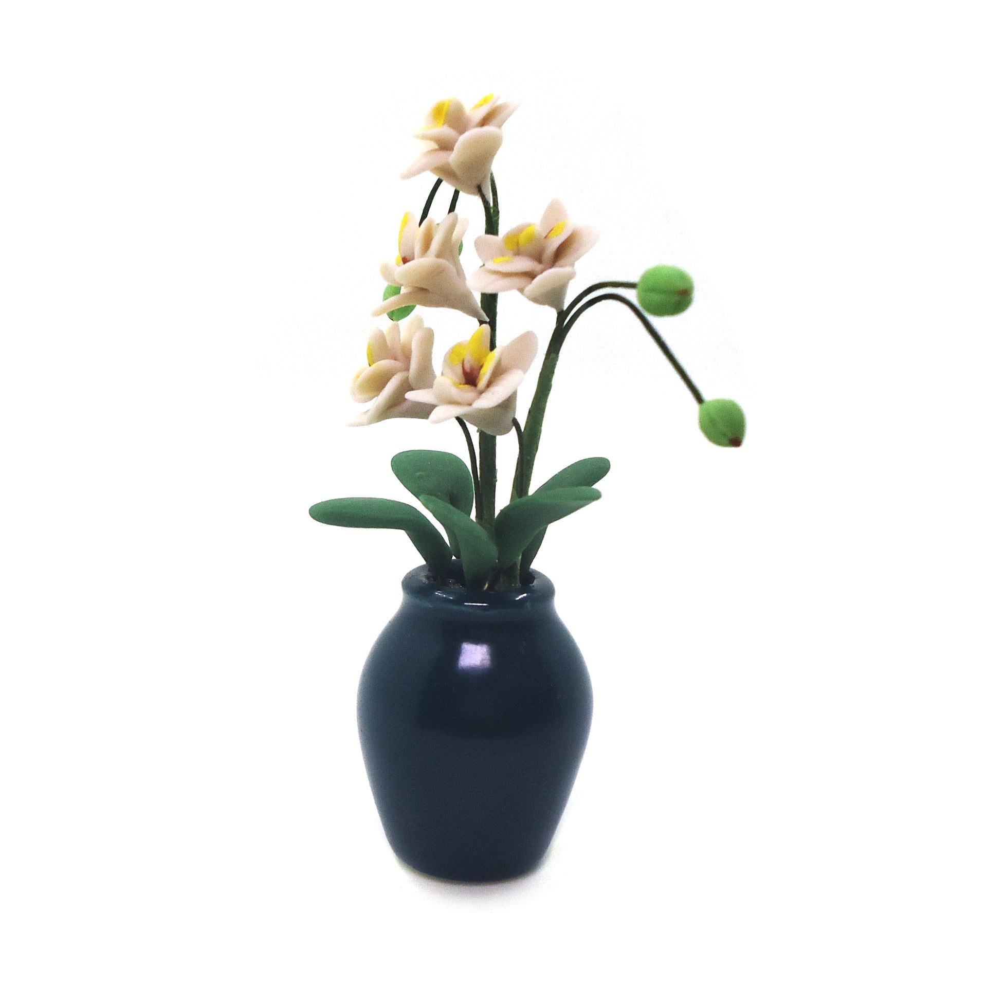 Wholesale 1:12 doll house accessories dollhouse clay flower dark green pottery bottle large white orchid phalaenopsis artificial flower Magnolia